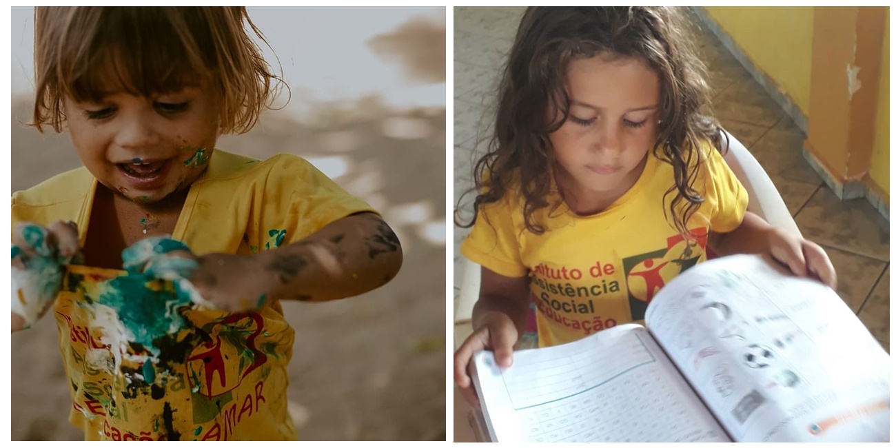 foto de duas crianças do instituto, uma menina brincando com tinta e outra lendo um livro